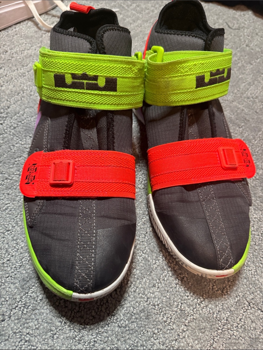 LeBron Nike Kids Black Sneakers with Neon Green and Bright Red Straps